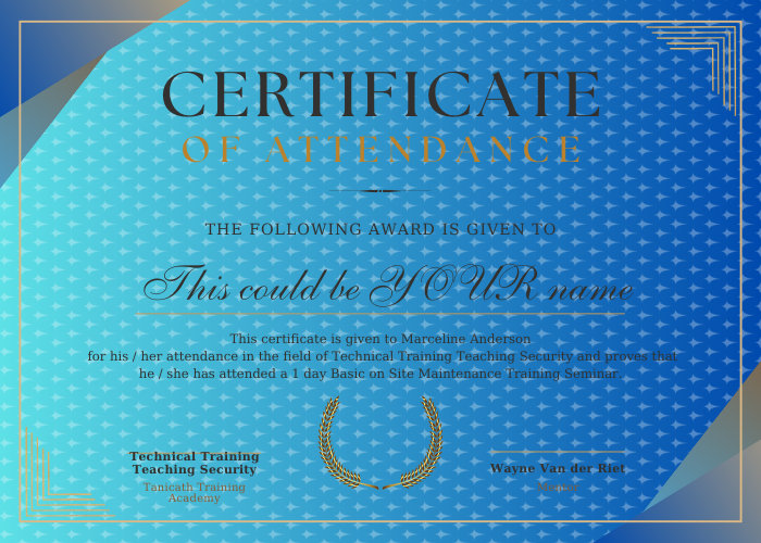 Certificate of Attendance 700x500 1 Technical Training Teaching Security