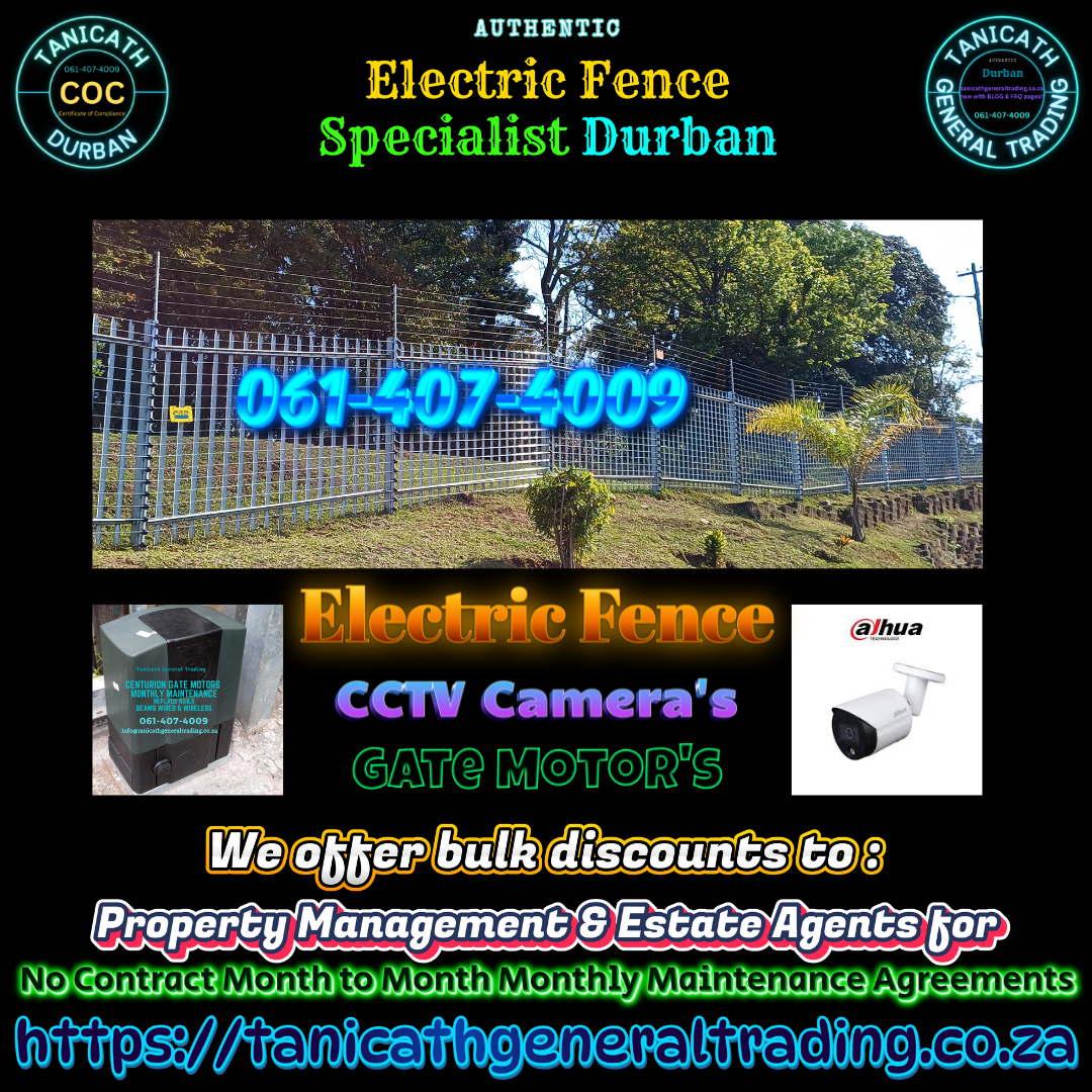 Bulk Discounts Monthly Maintenance. Gate Motors. Electric Fence Specialist Durban Instagram Facebook LinkedIn Bluesky X.com YouTube TikTok Tuesday 14 January 2025